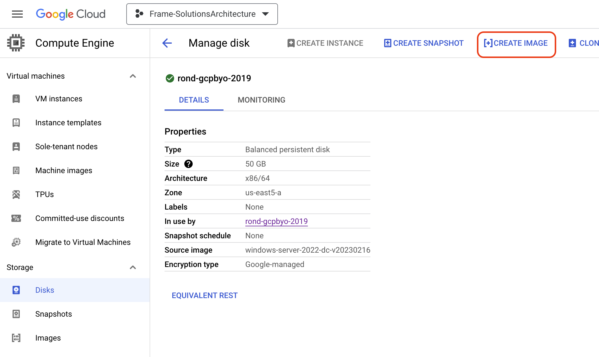 GCP Console - Manage Disk