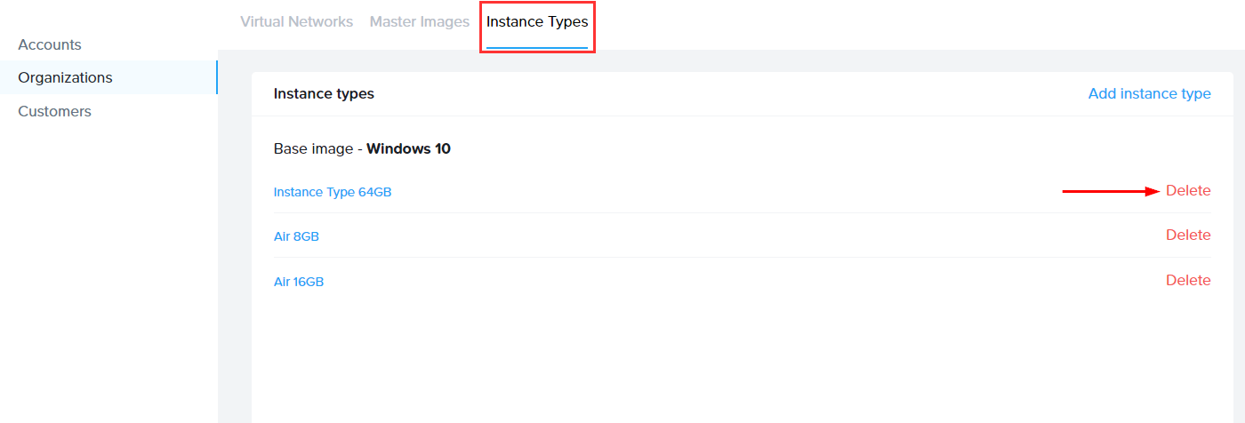 Instance Types - Delete Instance Type