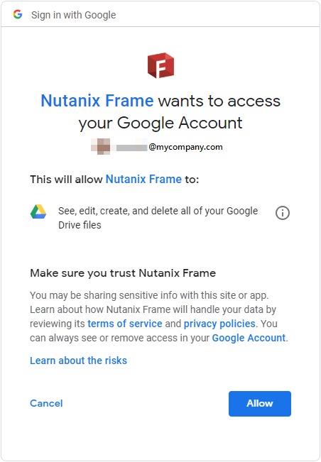 Nutanix Frame access prompt
