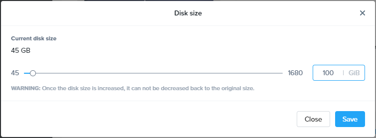 Disk size dialog