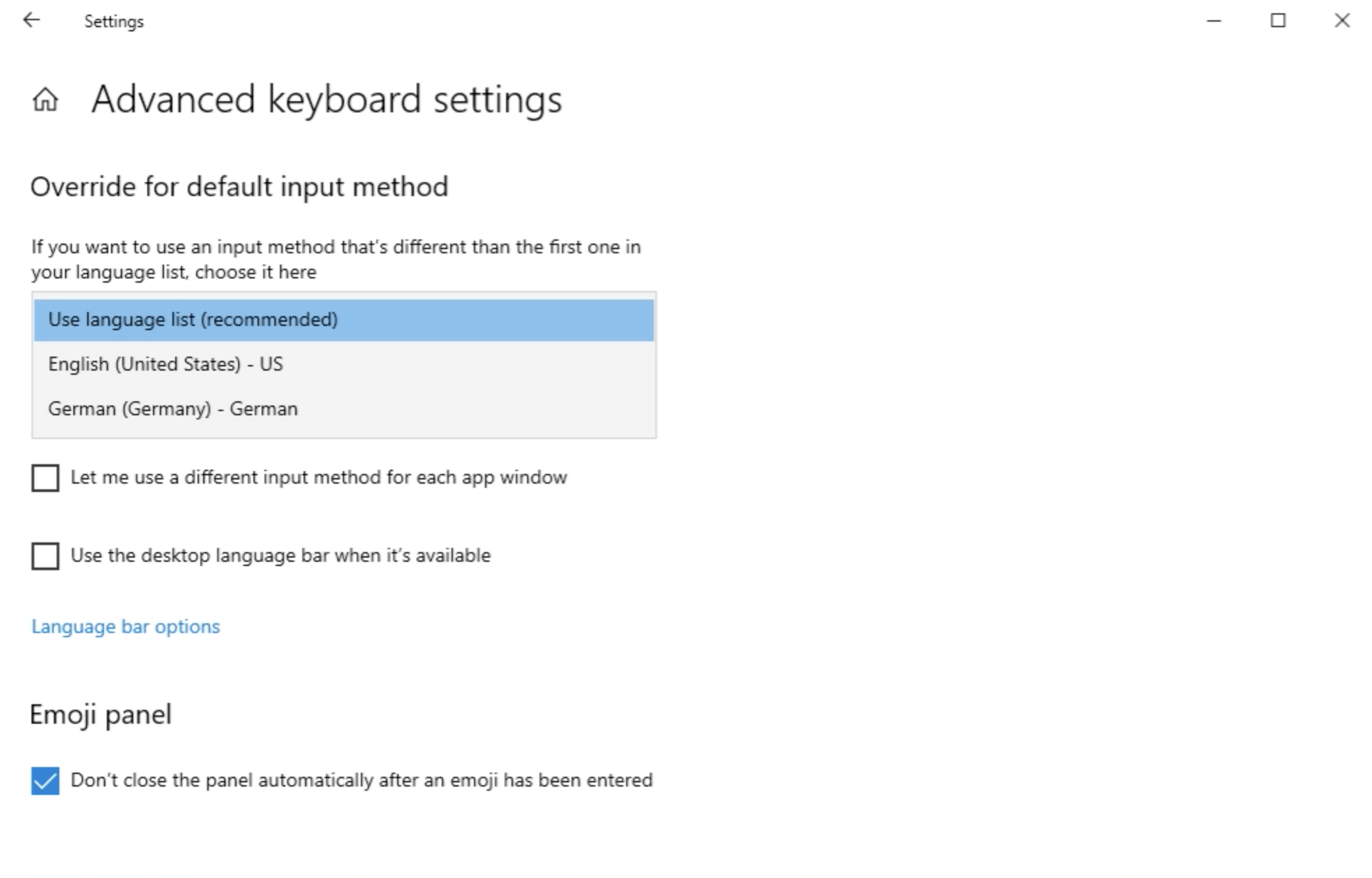 Windows Server 2016 Control Panel - Advanced keyboard settings