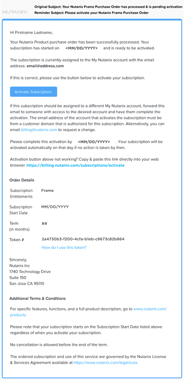 Frame subscription activation email
